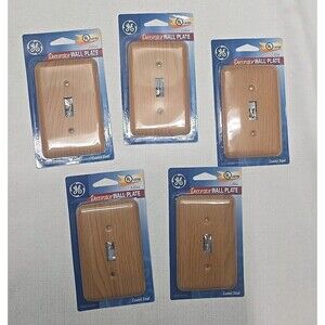 Vtg Lot of 5 GE Decorator Wall Plates Switch Cover Coated Steel Wood Grain